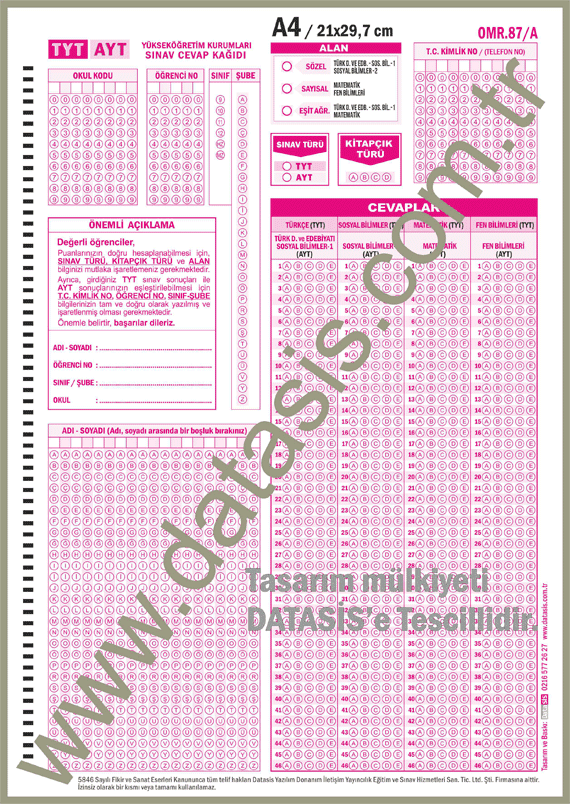 TYT Temel Yeterlilik Testi ve Alan Yeterlilik Testi Optik Cevap Form Kağıdı (OMR-87A)