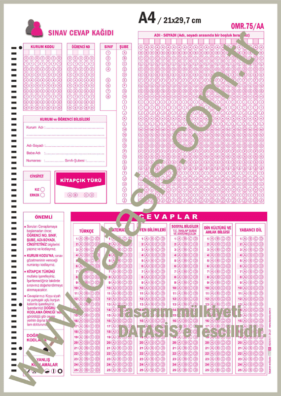 Ara Sınıflar Optik Form Cevap Kağıdı / Ortaokul (OMR 75/AA)