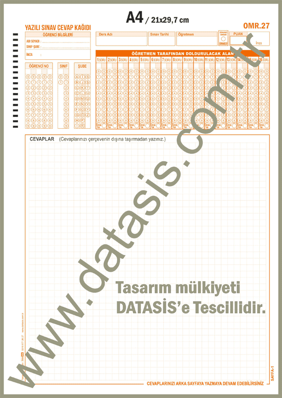 Açık Uçlu Optik Form Cevap Kağıdı(Form-27) Klasik Sınav Puanlama Formu